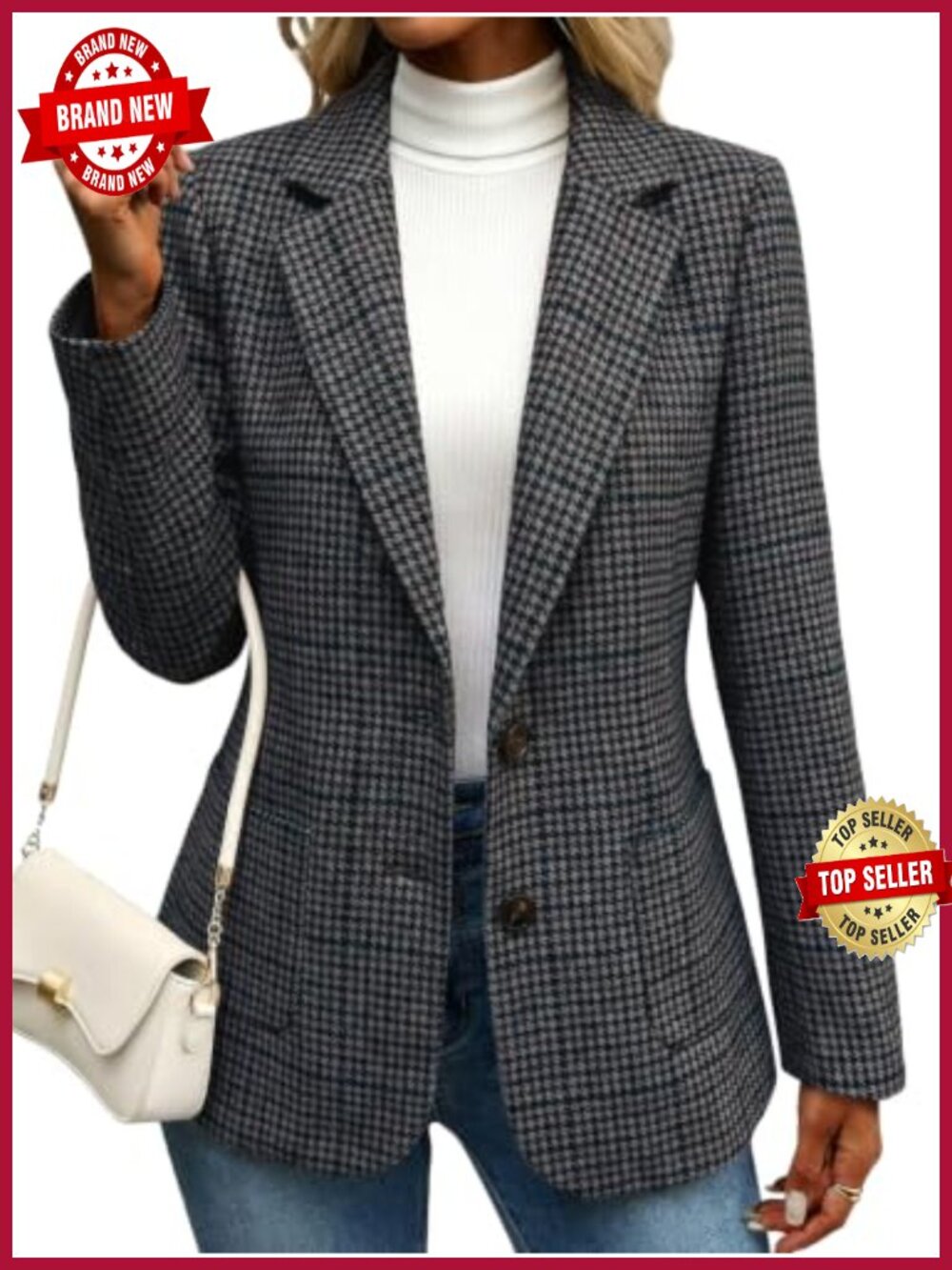 Wool Blend Houndstooth Blazer Notch Collar Fitted Business Casual Jacket
